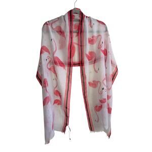 Talbots NWT Pink Flamingo Print Sheer Scarf Wrap White Red Black Border Fringe